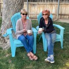 Sarah Mooney supporters Karen David (left) and Sandy Virden enjoy their ice cream.